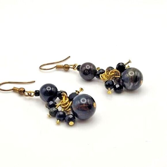 Vtg Tiger's Eye and Black Glass Beads Brasstone Earrings and Necklace Set Maya's - Picture 2 of 8